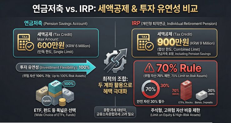 연금저축 vs IRP 비교: 세액공제 한도와 투자 상품의 차이점을 도표로 시각화한 금융 차트