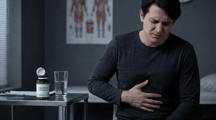 영양제 섭취 후 간 수치가 올라가 피로를 느끼며 간 부위를 잡고 있는 사람