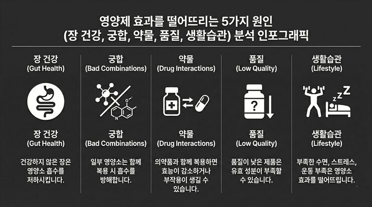 영양제 효과를 떨어뜨리는 나쁜 조합과 좋은 조합을 비교하는 인포그래픽