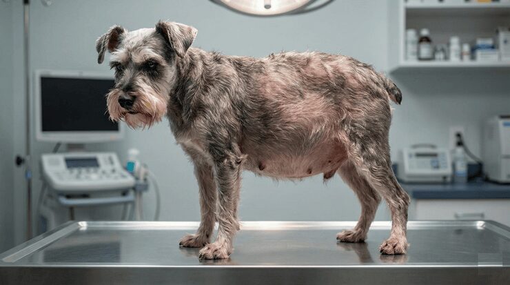 강아지 쿠싱증후군 증상의 대표적인 특징인 올챙이배와 얇아진 피부를 보여주는 이미지