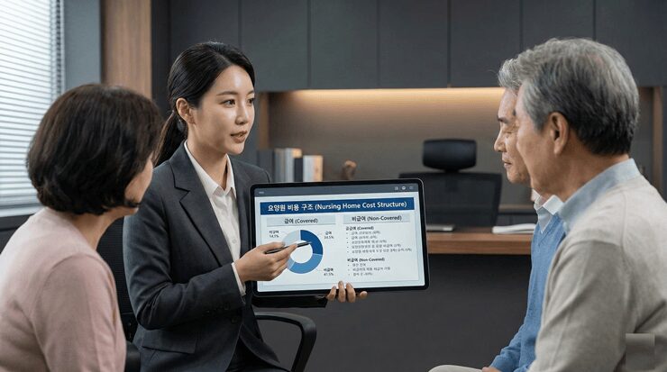 요양원 비용 고지서를 분석하며 월 부양 예산을 설계하는 전문가의 모습