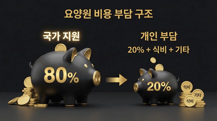 요양원 비용 구성을 결정하는 급여와 비급여 항목의 비율을 보여주는 시각적 자료