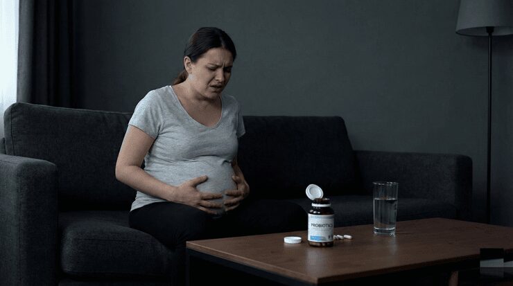 프로바이오틱스 부작용으로 인해 배를 움켜쥐고 불편해하는 사람과 유산균 제품