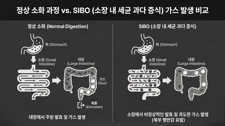소장 내 세균 과다 증식(SIBO)으로 인해 가스가 차는 원리를 설명하는 인포그래픽