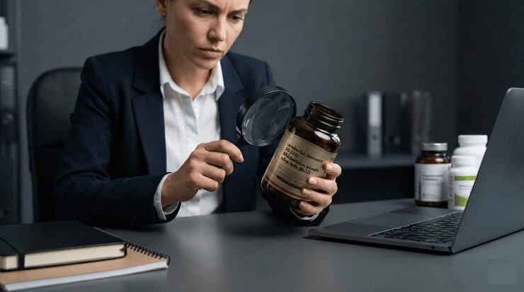 복잡한 유산균 균주명과 성분표를 돋보기로 꼼꼼히 확인하는 스마트한 소비자의 모습