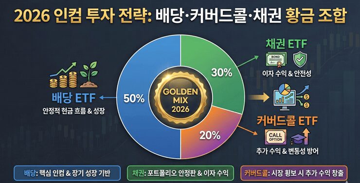 2026 인컴 투자 전략을 위한 배당, 커버드콜, 채권 ETF 황금 조합 비율 시각화