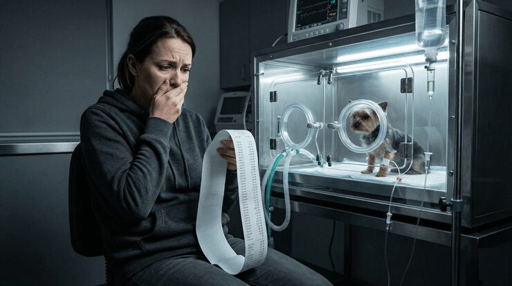 고액의 강아지 입원비 영수증을 확인하며 놀라는 보호자와 입원 중인 강아지