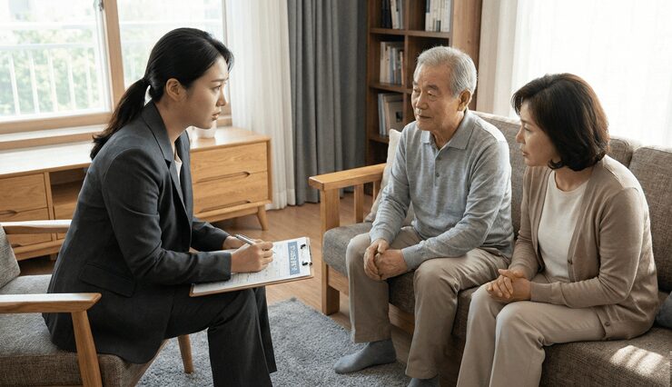 장기요양등급 판정기준을 분석하며 부모님의 건강 상태를 체크하는 보호자의 모습