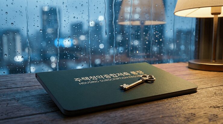 주택 청약 통장 활용법 및 소득공제 혜택을 상징하는 비 오는 날의 감성적인 금융 이미지