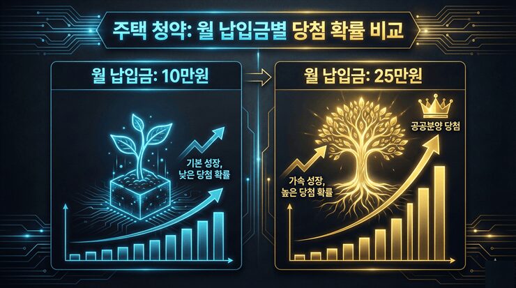 주택 청약 통장 활용법 중 월 납입금 10만원과 25만원의 차이를 비교한 인포그래픽