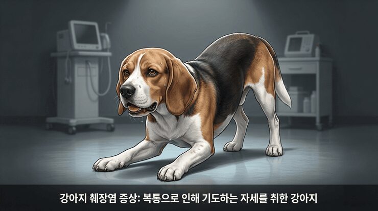 강아지 췌장염 증상 중 하나인 기도하는 자세를 취하며 고통스러워하는 모습