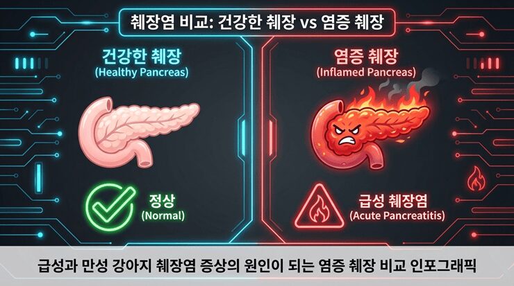 급성과 만성 강아지 췌장염 증상의 원인이 되는 염증 췌장 비교 인포그래픽
