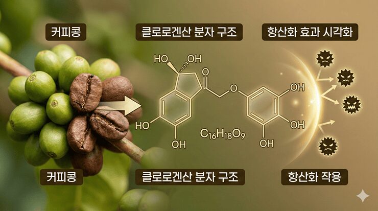 클로로겐산 효능 극대화 3가지 비법: 커피 마실수록 '이 질환' 멀어진다! 클로로겐산의 분자 구조와 커피콩 이미지를 결합하여 시각화한 항산화 이미지