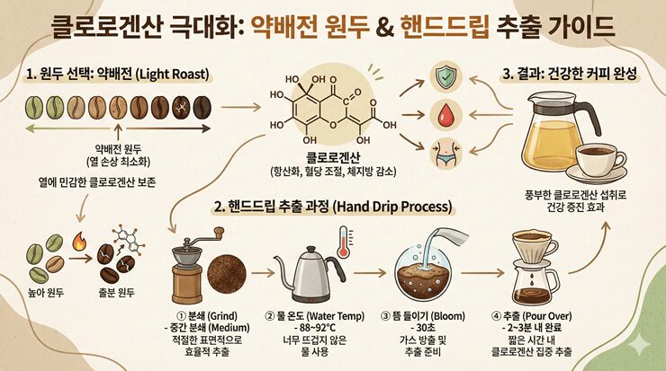 클로로겐산 효능 극대화 3가지 비법: 커피 마실수록 '이 질환' 멀어진다! 클로로겐산 효능을 극대화하는 약배전 원두와 핸드드립 추출 과정 인포그래픽