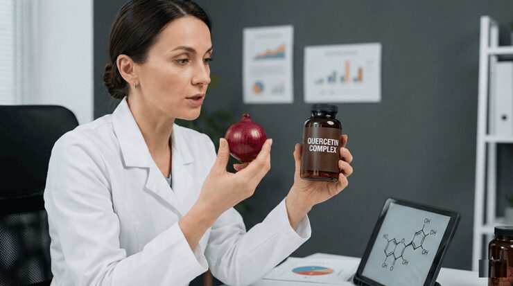 퀘르세틴 효능을 설명하기 위해 양파와 영양제 캡슐을 들고 있는 전문가의 모습