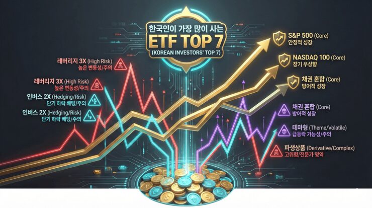 2026 한국인들이 가장 많이 사는 ETF TOP 7 분석: 인기 ETF의 숨겨진 장단점 2026 한국인들이 가장 많이 사는 ETF TOP 7 목록과 성장률을 시각화한 금융 차트