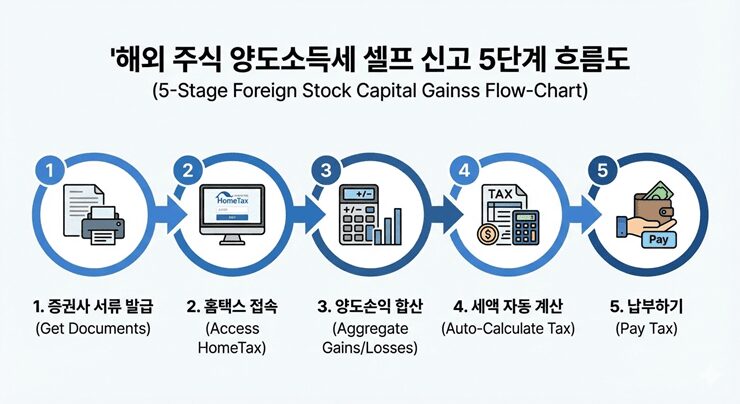 해외 주식 양도소득세 신고 방법 5단계 흐름도 인포그래픽