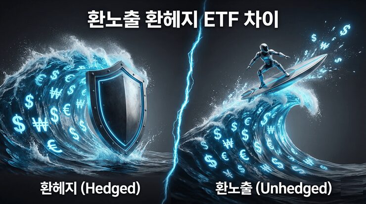 환노출 환헤지 ETF 차이를 험난한 파도(환율)를 막아주는 방패와 파도를 타는 서핑보드로 비유한 금융 이미지