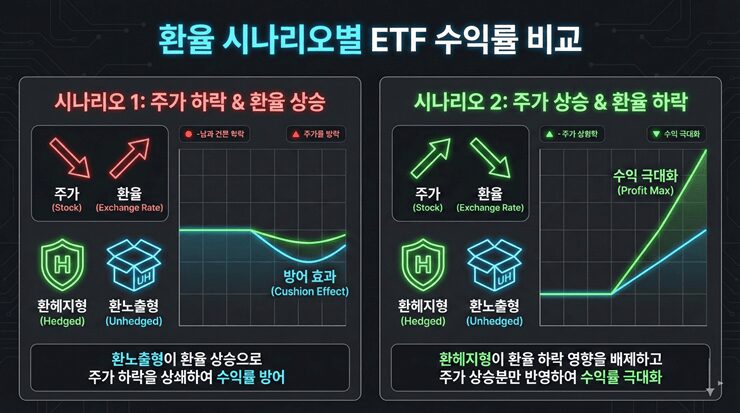 환율 상승과 하락 시나리오에 따른 환노출형과 환헤지형 ETF의 수익률 변화 비교표 인포그래픽