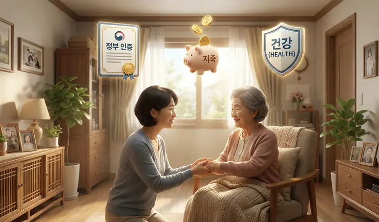 장기요양보험 가족 간병 수혜를 받기 위해 부모님을 정성껏 보살피며 상담하는 모습