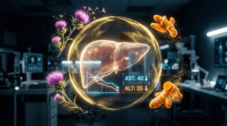간 수치 낮추는 법 핵심 전략을 시각화하여 밀크씨슬과 커큐민의 항산화 시너지를 분석하는 이미지