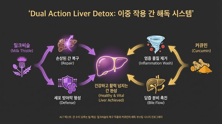 간 수치 낮추는 법 핵심 메커니즘을 설명하는 해독 경로 인포그래픽