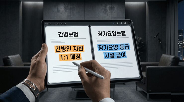 간병보험과 장기요양보험의 보장 범위를 정밀하게 대조하는 시니어 금융 전문가