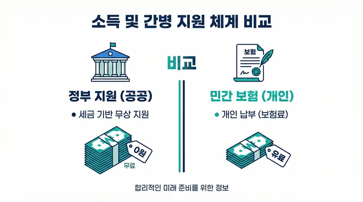 2026년 정부 간병 지원금과 민간 간병인 보험 보장 범위 비교 인포그래픽