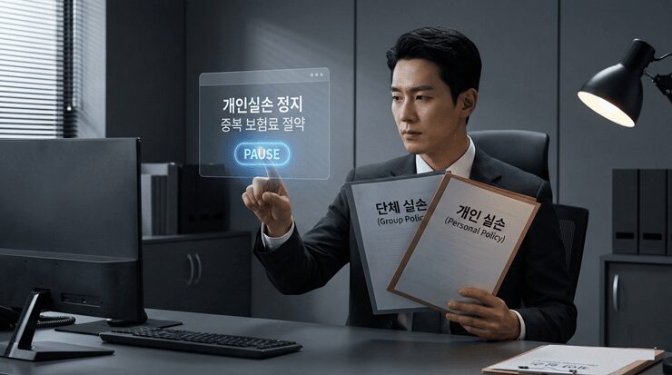 단체보험과 개인보험 증권을 양손에 들고 개인실손 정지 제도를 통해 보험료를 절약하려는 직장인의 모습