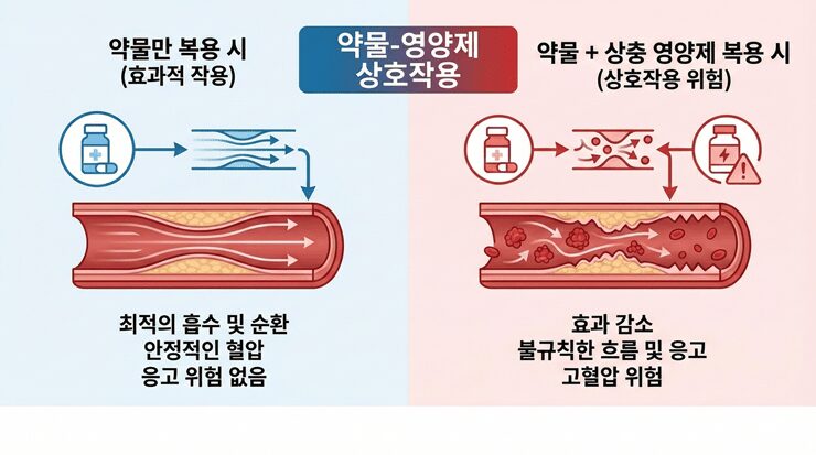 고혈압 약 영양제 상충 주의보: "함께 먹으면 독이 되는 성분 리스트" 고혈압 약 영양제 상충 작용 인포그래픽