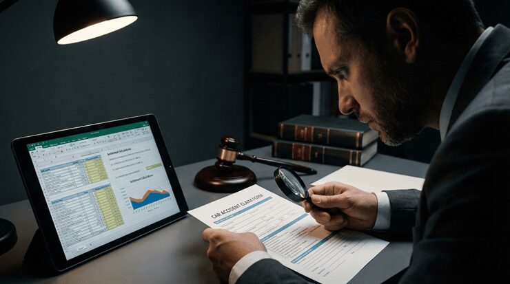 교통사고 합의금 계산을 위해 보험 약관과 손해사정 자료를 대조 분석하는 모습