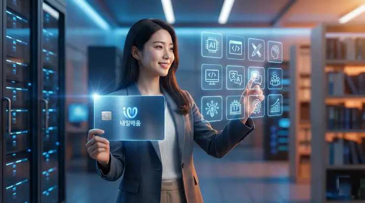 내일배움카드 발급 자격 확인 후 태블릿으로 온라인 직무 교육을 듣는 청년의 모습