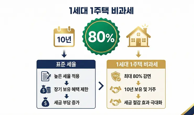 1세대 1주택 비과세 요건 총정리: "2026년 양도세 0원 만드는 장기보유특별공제 계산법" 1세대 1주택 비과세 요건 충족 후 장기보유특별공제를 계산하는 시각 자료