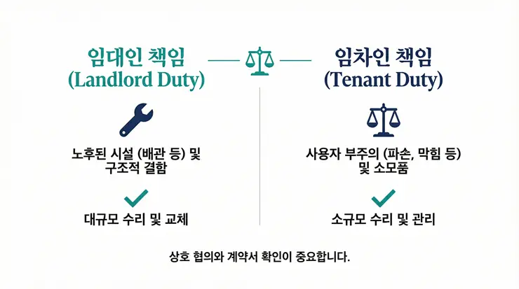 누수 책임 집주인 vs 세입자 판례: "화재보험 특약으로 수리비 해결하기" 누수 책임 집주인 의무와 세입자 주의의무 비교 인포그래픽