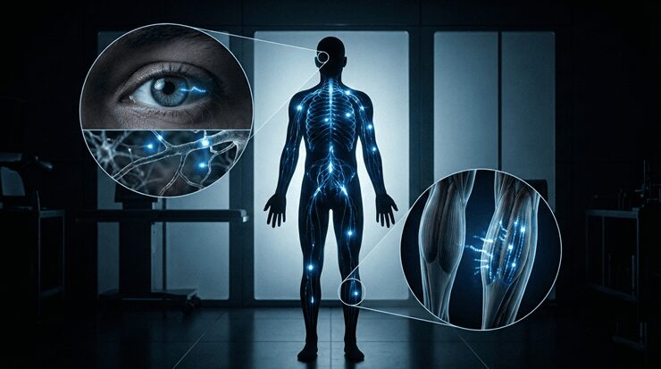 마그네슘 부족 시 나타나는 의외의 피부 및 근육 증상 3가지를 설명하기 위해 신체 지도를 확인하는 전문가