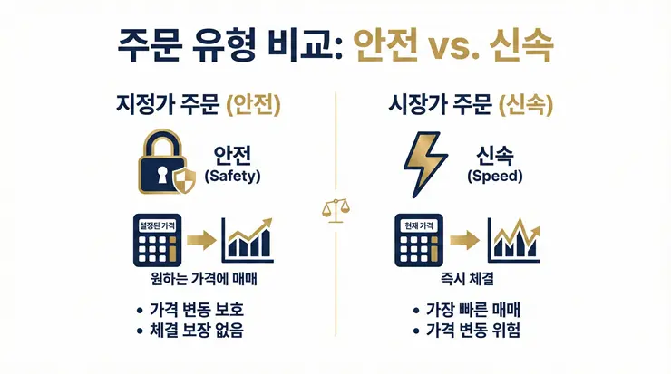 미국 주식 주문 방식 완벽 가이드: "지정가·시장가·스탑 주문 실수 7가지" 미국 주식 지정가와 시장가 차이 및 장단점 비교 인포그래픽