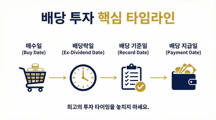 배당락일·기준일·지급일 완벽 정리: "배당금 100% 받으려면 언제 사야 할까" 배당락일 매수 시점부터 지급일까지의 과정을 담은 인포그래픽 이미지