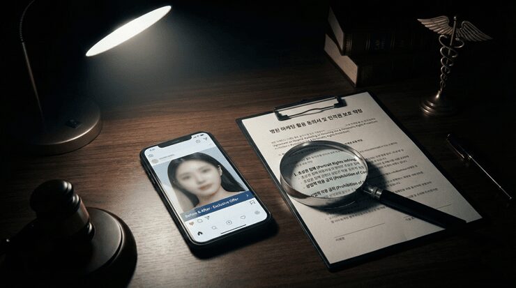병원 초상권 침해: "눈만 가리면 된다고요?" 성형 사진 도용 위자료 500만 원 받는 법 병원 초상권 침해 사례를 분석하고 환자 사진 사용 동의서의 독소 조항을 검토하는 법률 전문가의 모습