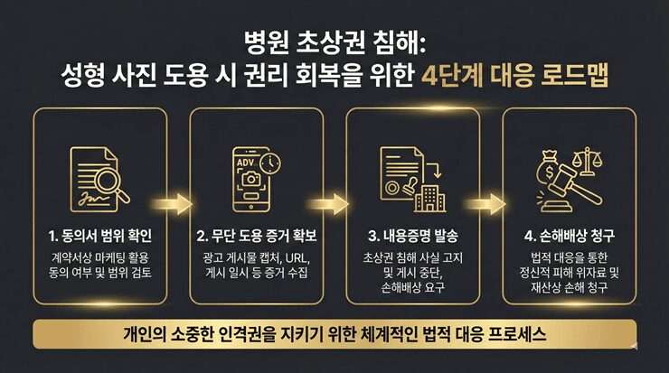 병원 초상권 침해: "눈만 가리면 된다고요?" 성형 사진 도용 위자료 500만 원 받는 법 병원 초상권 침해 방지를 위해 광고 매체별 사진 사용 기간과 동의 범위를 체크하는 인포그래픽
