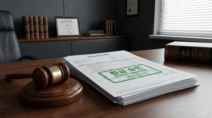 병원비 환급방법을 알기 위해 의료비 영수증과 건강보험 환급 내역을 대조 분석하는 모습