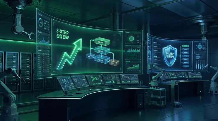 분할매수 전략 3회 vs 5회 수익률 비교: 평균단가 시뮬레이션의 모든 것 분할매수 3회와 5회 전략의 시각적 차이와 수익률 모델을 나타내는 3D 일러스트 이미지
