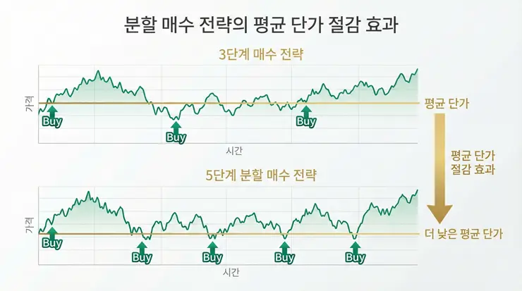분할매수 전략 3회 vs 5회 수익률 비교: 평균단가 시뮬레이션의 모든 것 분할매수 횟수에 따른 평균단가 변동폭을 안내하는 인포그래픽 이미지