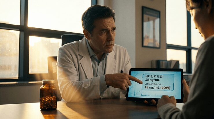 비타민D 정상수치 도달 여부를 혈액 검사 결과지와 비교하며 건강 상태를 진단하는 전문가