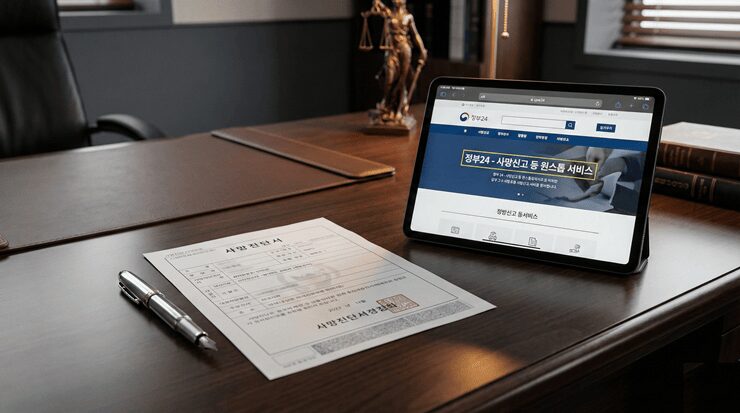 사망후 행정절차를 위해 각종 법률 서류와 사망진단서를 검토하는 유족의 모습
