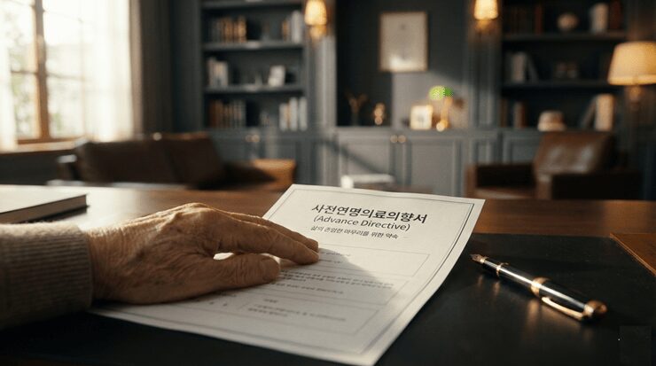 평온한 분위기에서 자녀와 부모님이 사전연명의료의향서와 웰다잉 가이드를 살피며 대화하는 모습