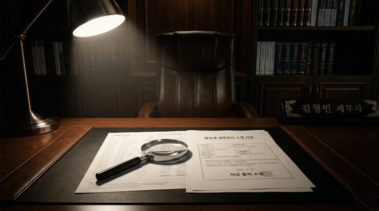 상속세 세무조사를 방어하기 위해 국세청 통보서와 자금 출처 증빙 서류를 정밀 분석하는 세무 전문가