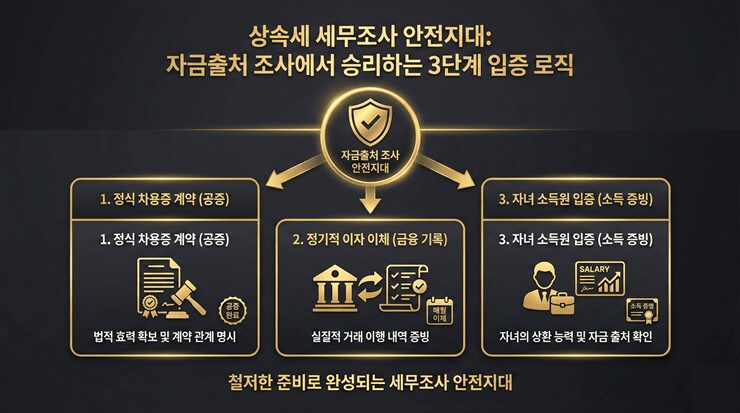 상속세 세무조사 방어를 위한 자금출처 조사 소명 프로세스와 차용증 필수 항목 인포그래픽