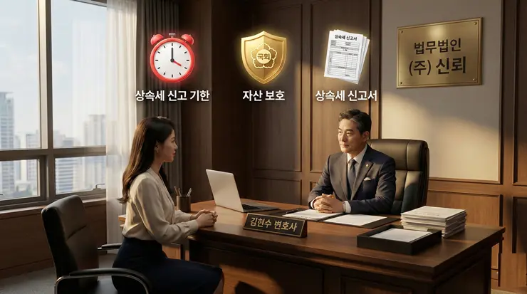 상속세 신고 기한을 확인하며 상속세 가산세를 피하기 위해 서류를 검토하는 상속인과 세무사