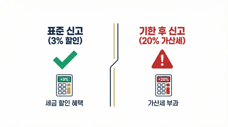 상속세 신고 기한 준수 여부에 따른 상속세 가산세 차이 및 절세 혜택 인포그래픽