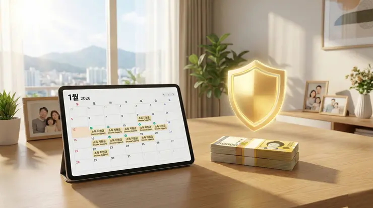 소득 상실 보험의 보장 범위를 확인하며 매달 나오는 보험금을 계산 중인 가장의 모습